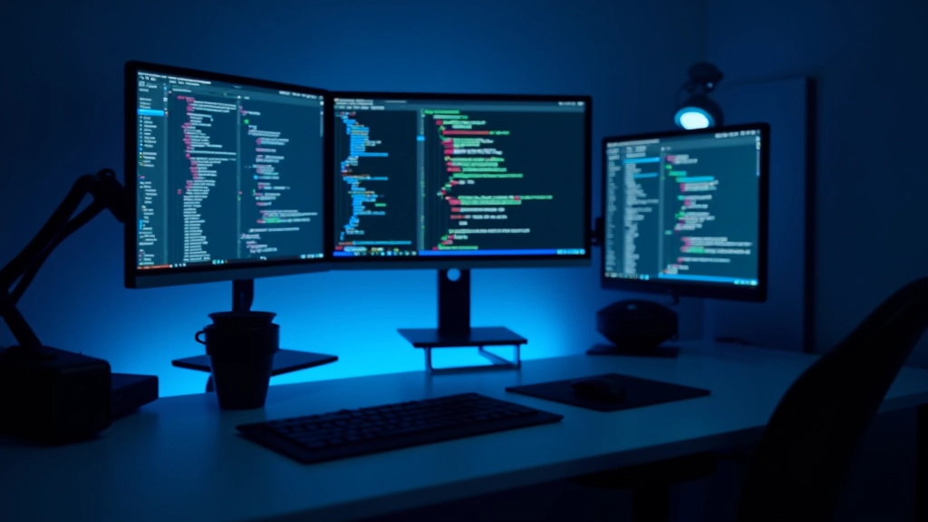 Moderner Workspace mit Code-Editor und Animations-Preview auf mehreren Bildschirmen, minimalistisches Design mit blauem Licht